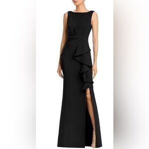 Betsy & Adam Sleeveless Crepe Maxi Dress with Boat Neck Ruffles Side Slit size 4